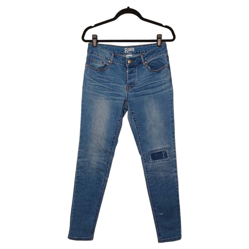 R1893 Skinny Distressed Patch Medium Blue Button Fly Jeans 6 (Small)